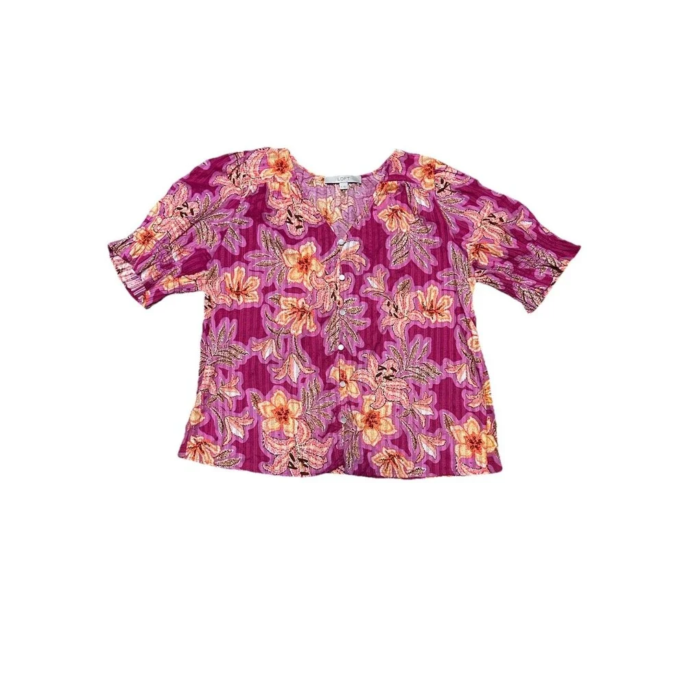 Loft Blouse Pink Orange Tropical Lilly Print Button Up Resort Vacation Sleeve